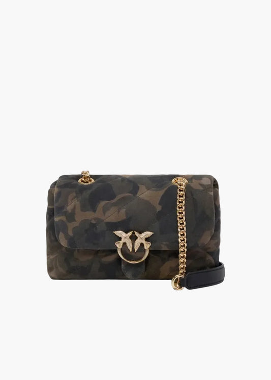 PINKO BORSA A TRACOLLA MINI LOVE BAG PUFF IN SUEDE CON STAMPA CAMOUFLAGE E FIBBIA GIOIELLO