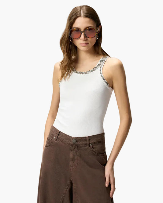 PINKO TOP A COSTINE CIN RICAMI GIOIELLO
