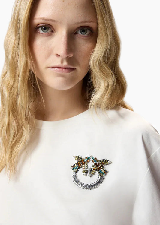 PINKO T-SHIRT CONAPPLICAZIONI GIOIELLO LOVE BIRDS