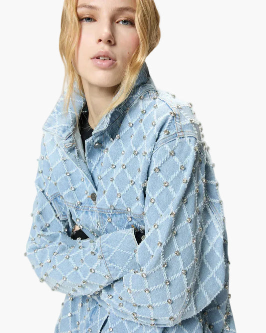 PINKO GIUBBINO IN DENIM CON DISEGNO ROMBI E STRASS