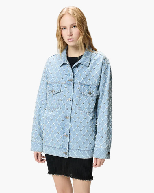 PINKO GIUBBINO IN DENIM CON DISEGNO ROMBI E STRASS