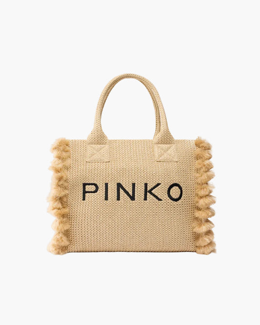 PINKO BORSA SHOPPER MEDIA BEACH IN RAFIA CON LOGO E NAPPINE
