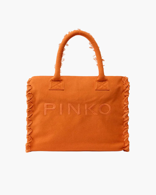 PINKO BORSA SHOPPER MEDIA BEACH IN CANVAS CON LOGO E DETTAGLI SFRANGIATI