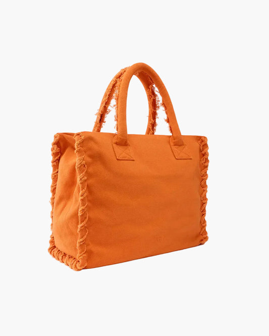 PINKO BORSA SHOPPER MEDIA BEACH IN CANVAS CON LOGO E DETTAGLI SFRANGIATI