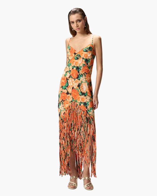PINKO ABITO LUNGO CON FRANGE E STAMPA BOTANIC GARDEN