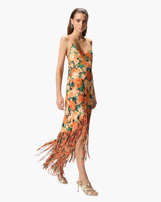 PINKO ABITO LUNGO CON FRANGE E STAMPA BOTANIC GARDEN
