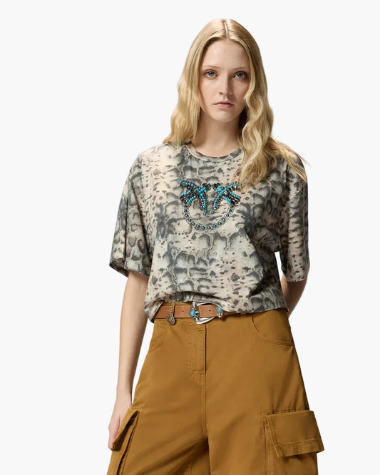 T-SHIRT PINKO TERNI CROPPED CON STAMPA SAKE E LOVE BIRDS