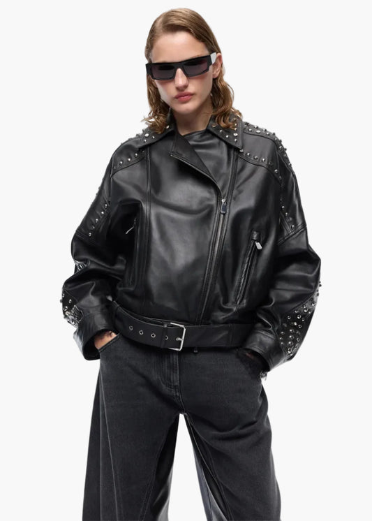 PINKO GIACCA BIKER STILE CHIODO IN NAPPA CON BORCHIE