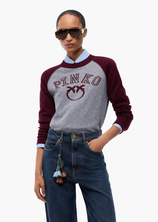 PINKO MAGLIA BICOLORE CON LOGO LOVE BIRDS
