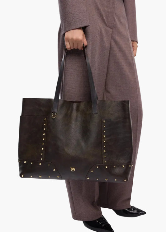 PINKO BORSA SHOPPER IN PELLE CLOUD CON PATCH E BORCHIE