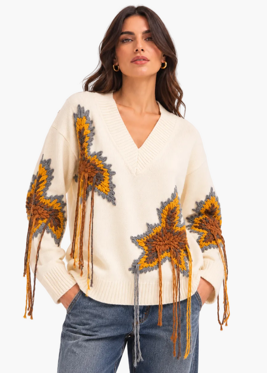 Maglia con scollo a v con fiori ricamati e frange | Icona