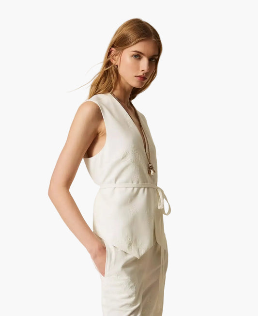 TWINSET GILET RICAMATO CON CINTURA