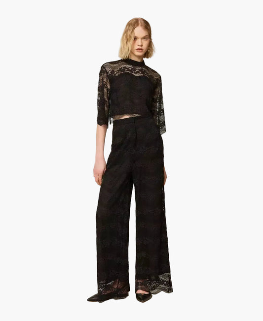 TWINSET PANTALONI AMPI IN PIZZO