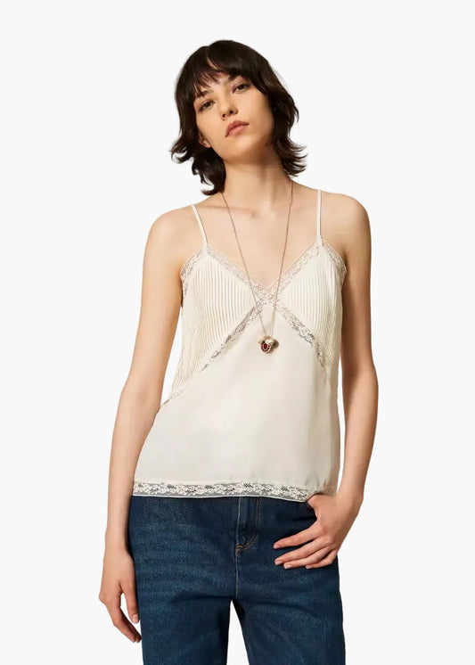 TWINSET TOP IN CRÊPE DE CHINE E PIZZO