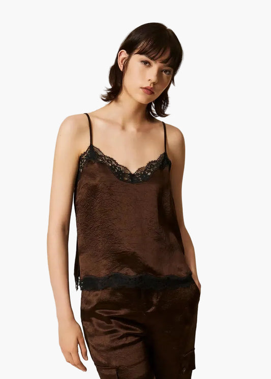TWINSET TOP IN RASO FROISSÉ E PIZZO
