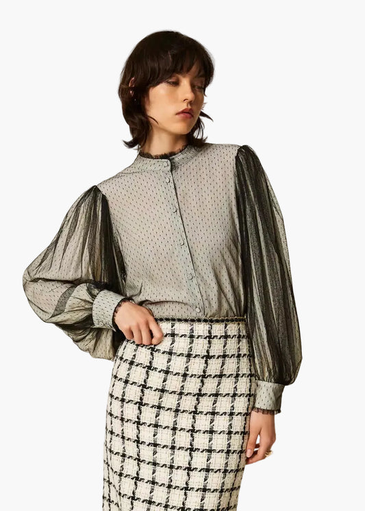 TWINSET CAMICIA IN CRÊPE DE CHINE E TULLE PLUMETIS
