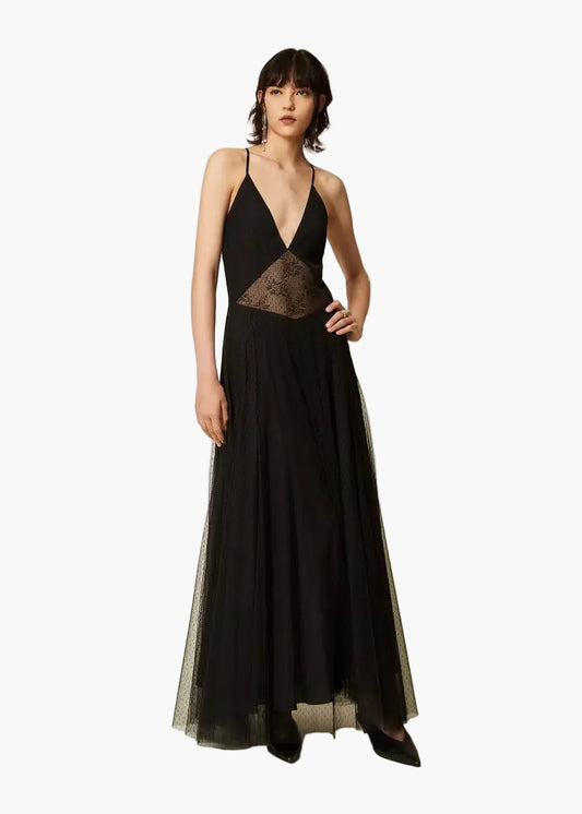 TWINSET ABITO LUNGO IN TULLE PLUMETIS E PIZZO