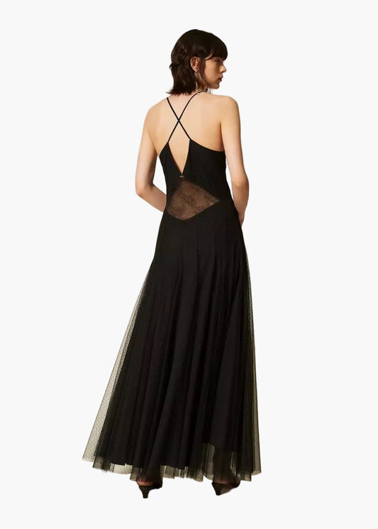TWINSET ABITO LUNGO IN TULLE PLUMETIS E PIZZO