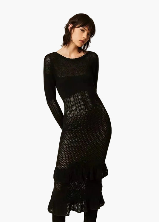TWINSET ABITO LUNGO IN MAGLIA DI MISTO LANA CON VOLANT