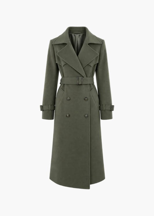 Long double-breasted trench coat with belt | White Wise