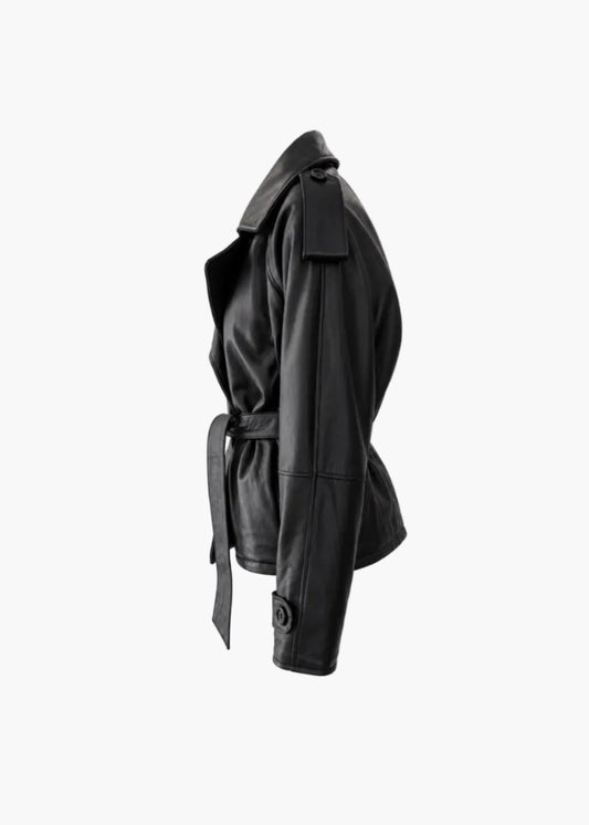 Double-breasted genuine leather jacket with belt | me.mento.mine
