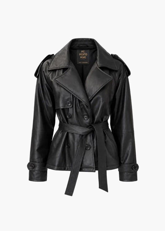 Double-breasted genuine leather jacket with belt | me.mento.mine