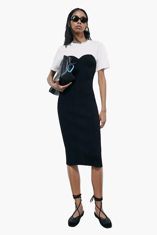PATRIZIA PEPE ABITO MIDI ADERENTE IN COSTINA CON T-SHIRT