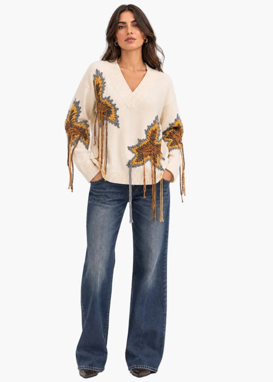 Maglia con scollo a v con fiori ricamati e frange | Icona