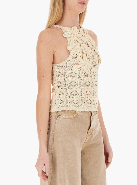 TOP PINKO NYMPHAEA EFFETTO UNCINETTO CON FIORI APPLICATI