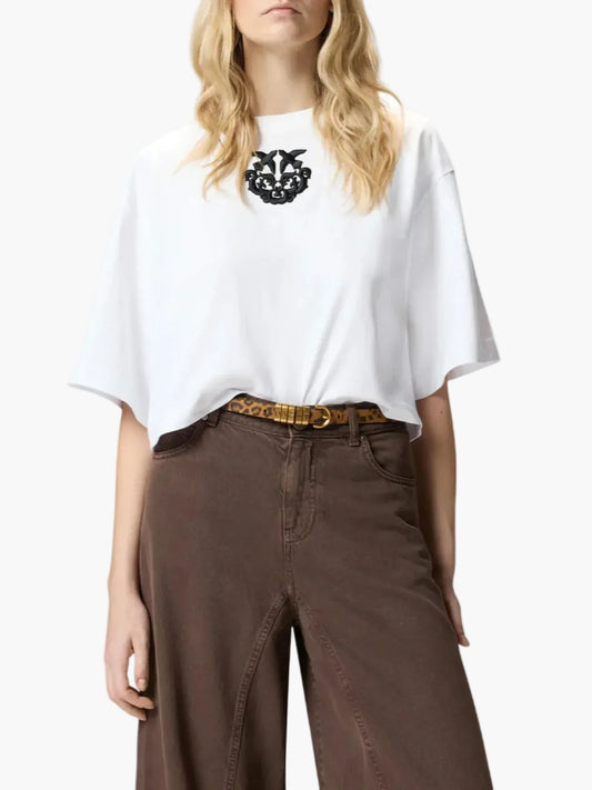 T-SHIRT PINKO BORGHETTO CROPPED CON RICAMO LOVE BIRDS